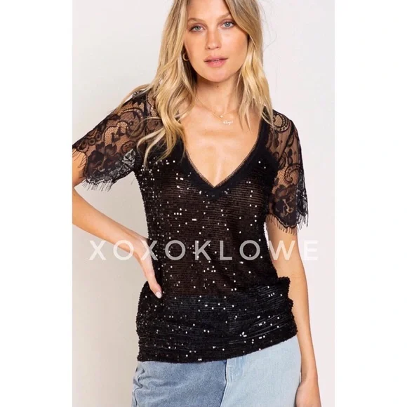 POL Black Sequin V Neck Lace Short Sleeves Sheer Top - Picture 3 of 15